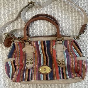 FOSSIL Rainbow Striped Canvas Satchel Purse